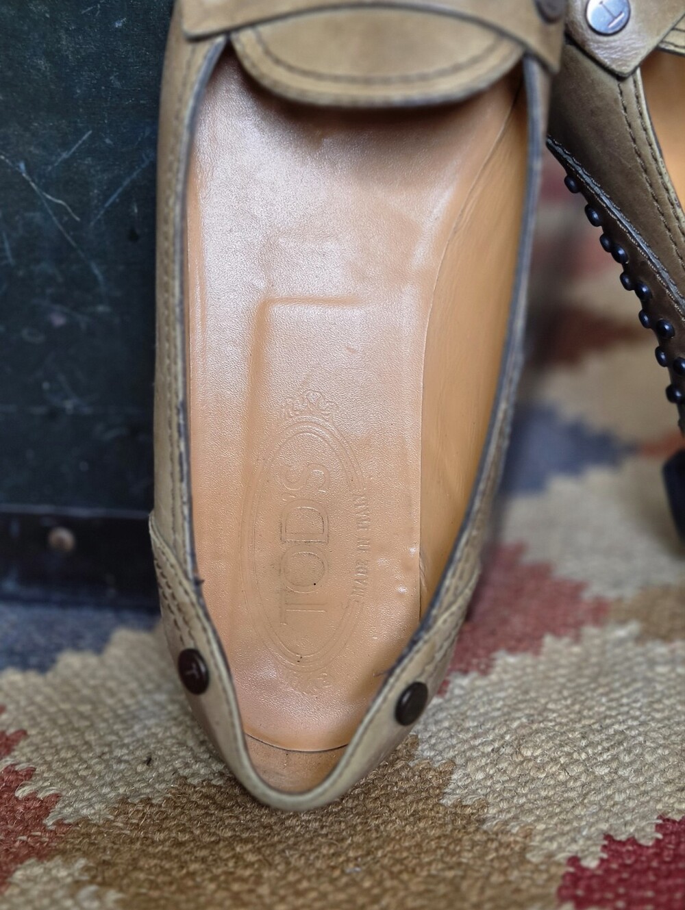 TOD'S Olive Green Leather Square Toe Slip-On Moccasin Loafers - Picture 3 of 10